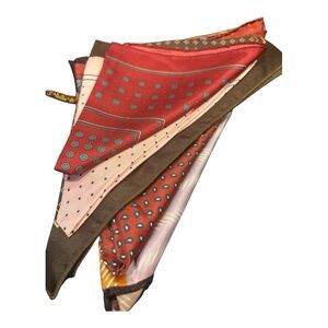 Vintage lot of 5 scarves/pocket squares in various styles most untagged. B99